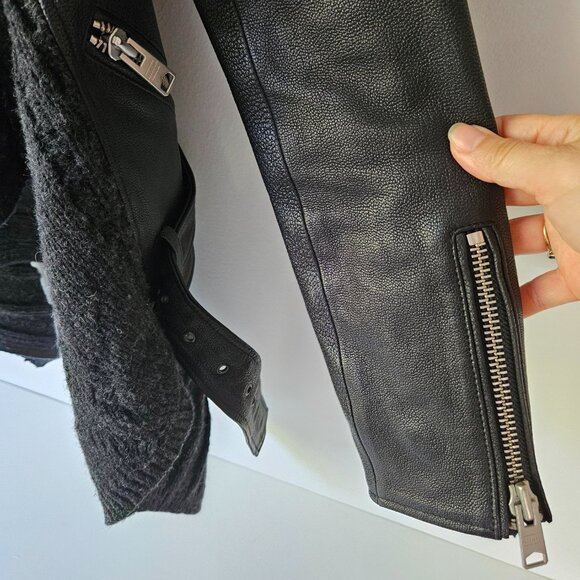 All Saints Wrap Cable Jacket Genuine Goat Leather Size 0 Black Draped Open Front - Picture 12 of 16